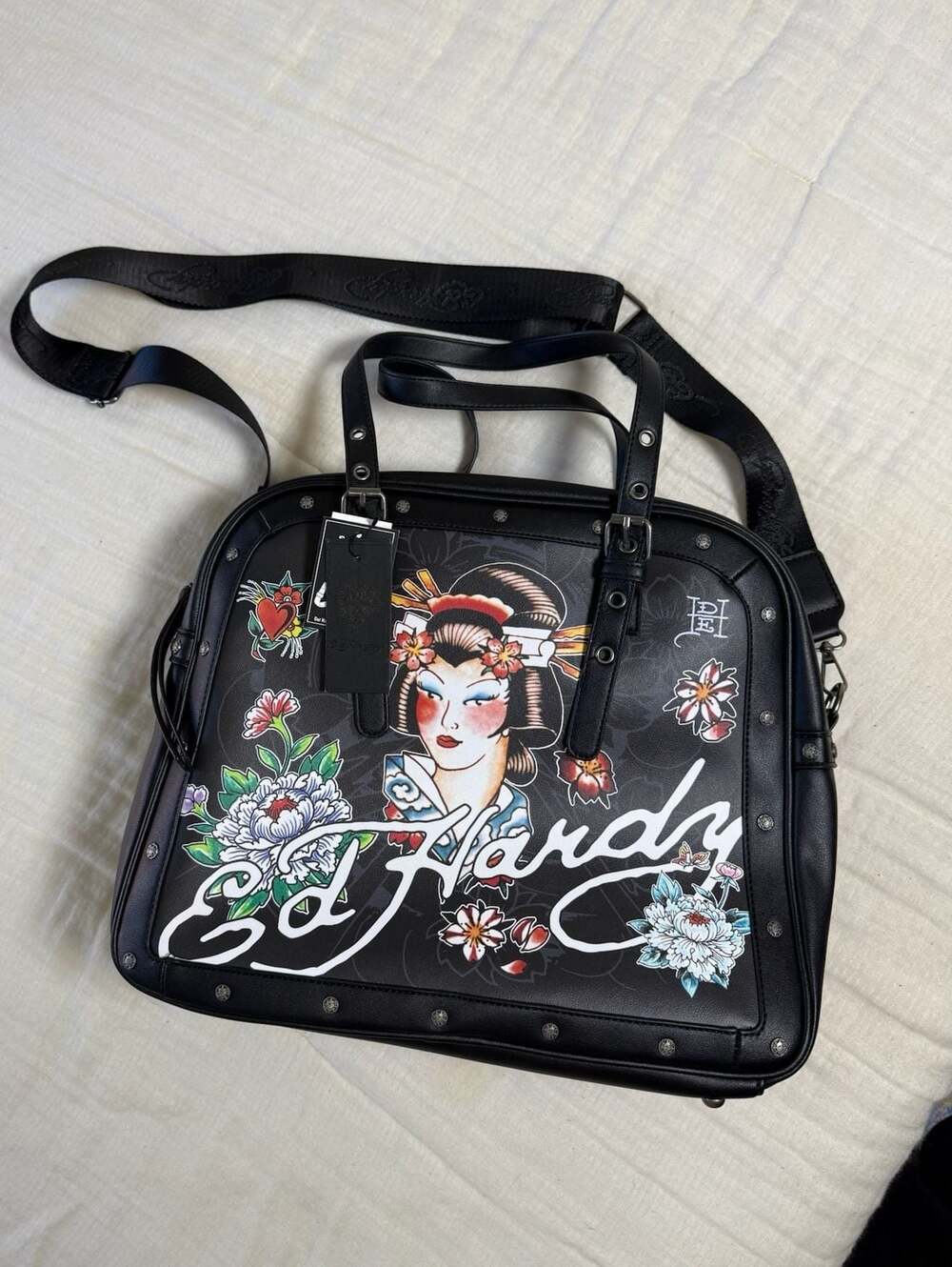 Ed Hardy Geisha Tattoo Art Studded Satchel Crossbody Bag